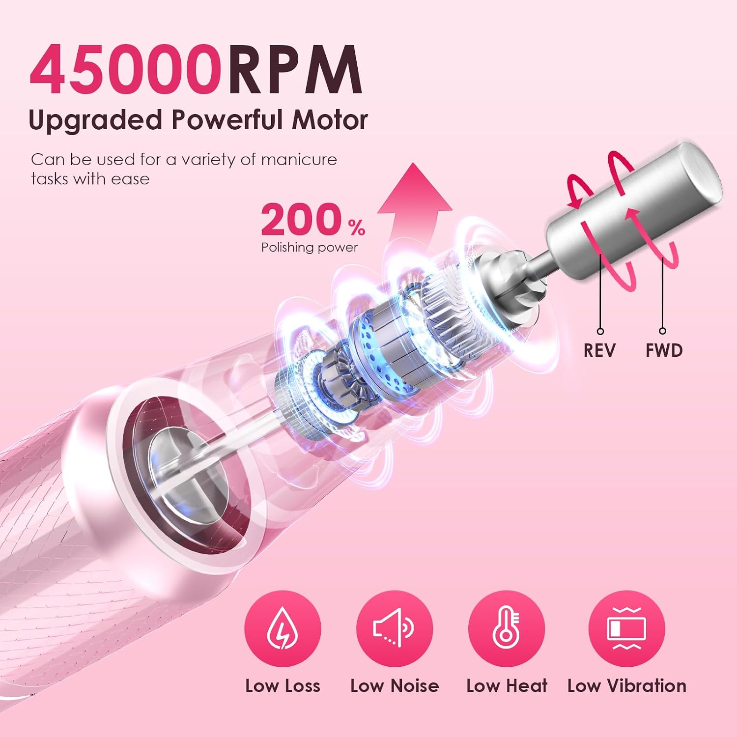 Compact cordless 45,000 RPM electric nail drill with bits and sanding bands - 2