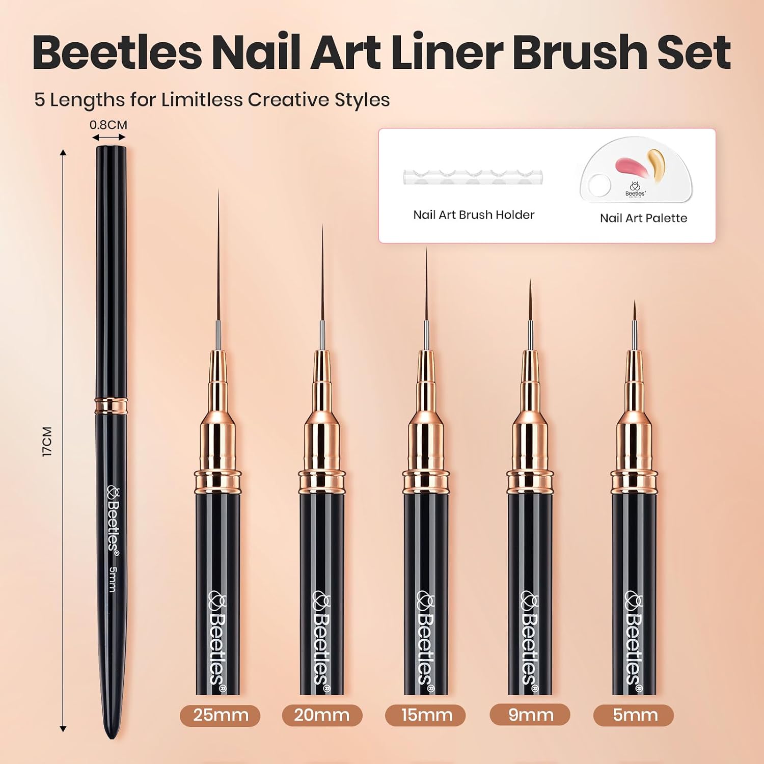 Five black metallic nail liner brushes with holder and pen caps - 2