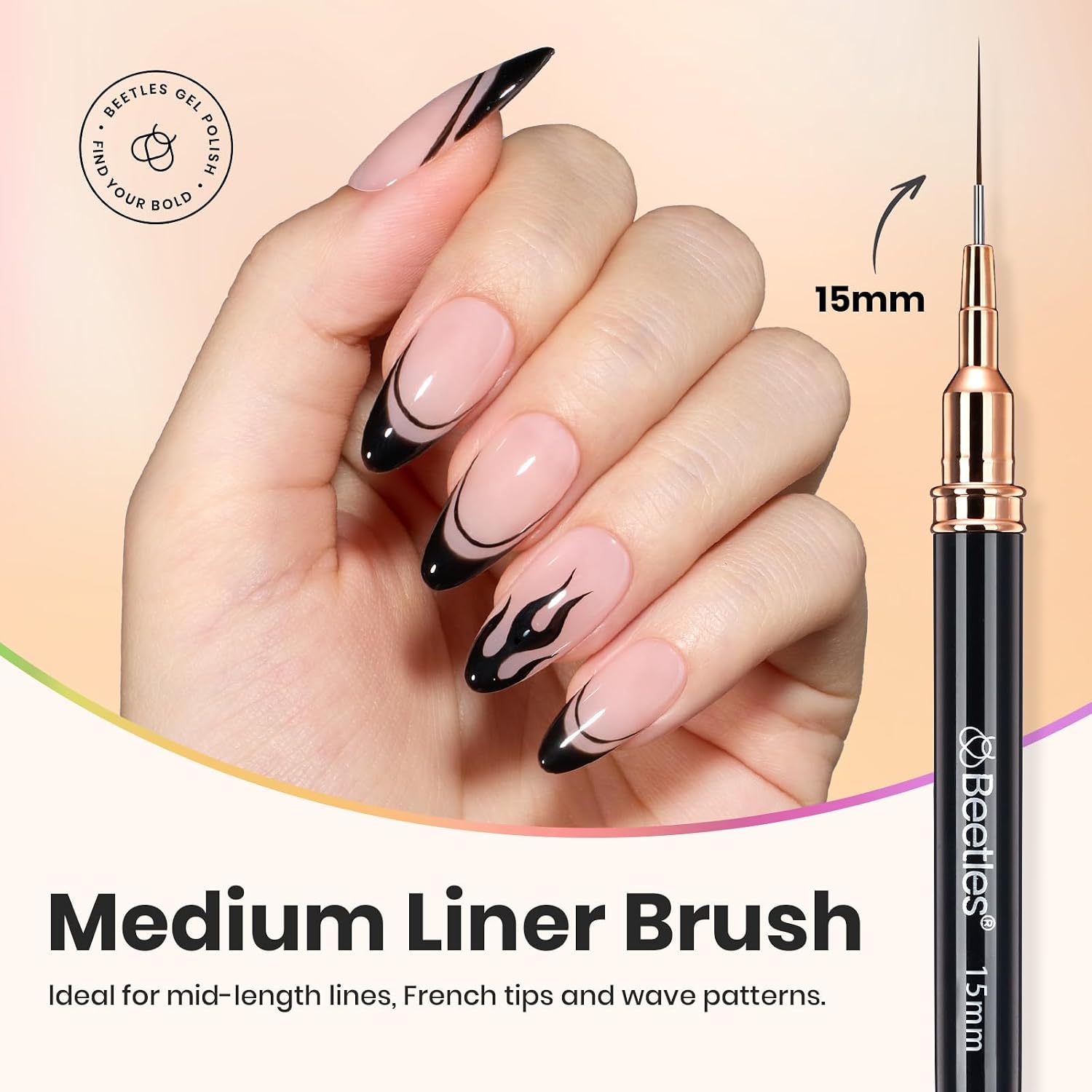 Five black metallic nail liner brushes with holder and pen caps - 4