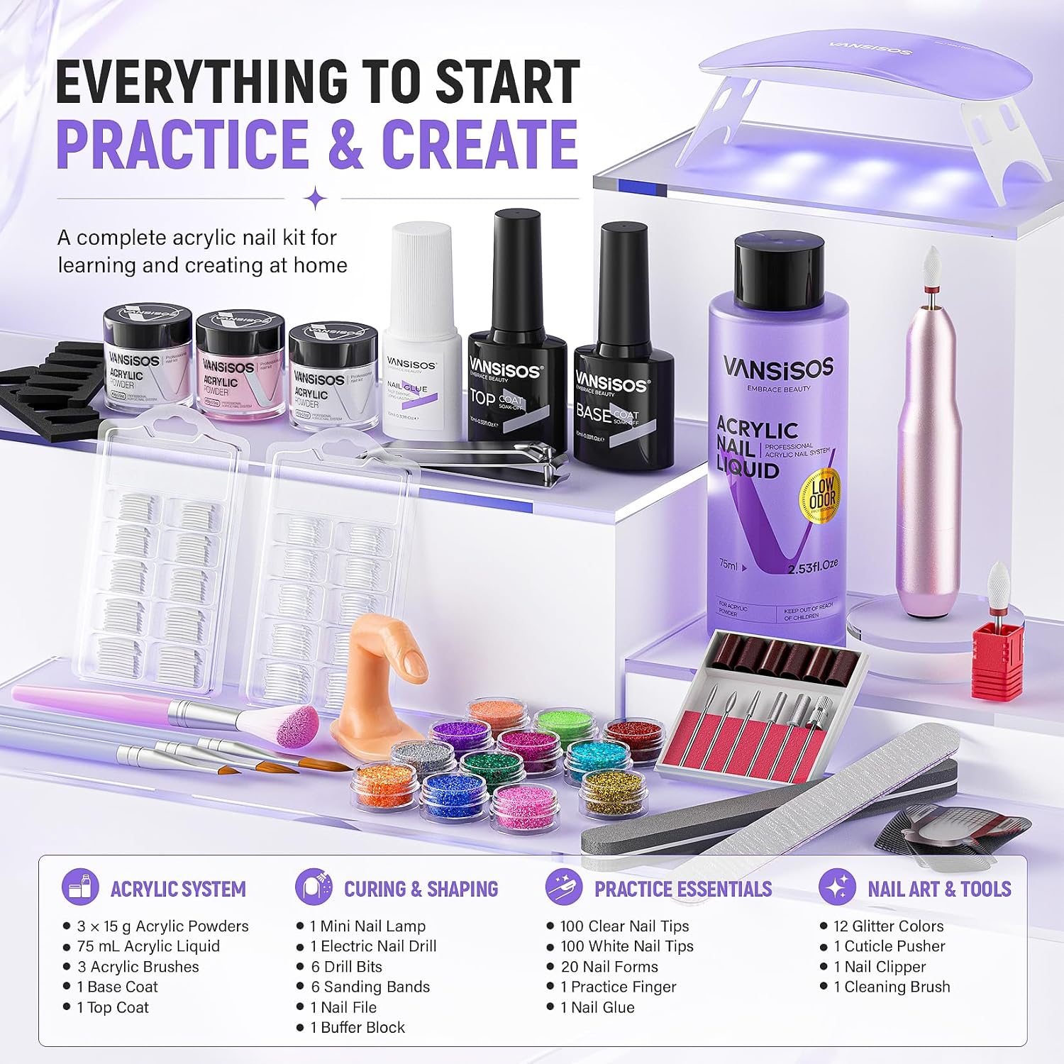 VANSISOS beginner acrylic nail kit components with LED lamp and nail drill - 2