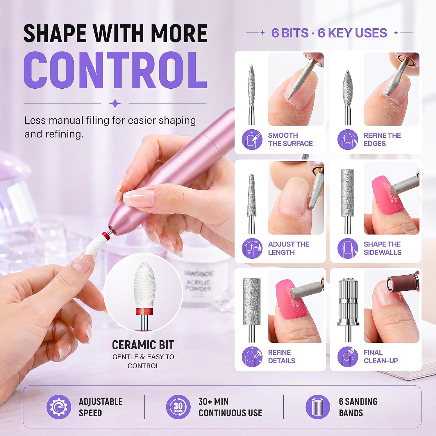VANSISOS beginner acrylic nail kit components with LED lamp and nail drill - 4