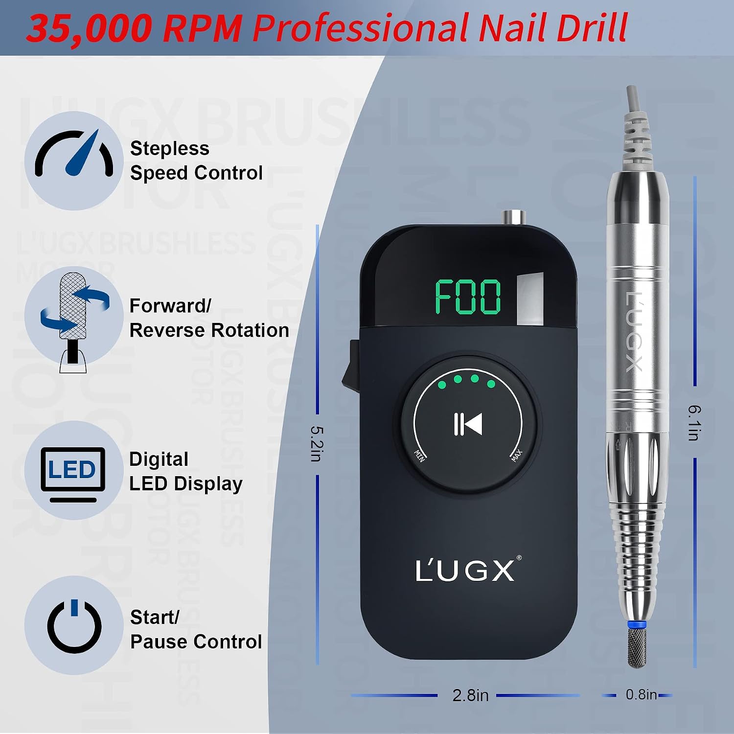 L'UGX brushless cordless nail drill handpiece with LED display - 3