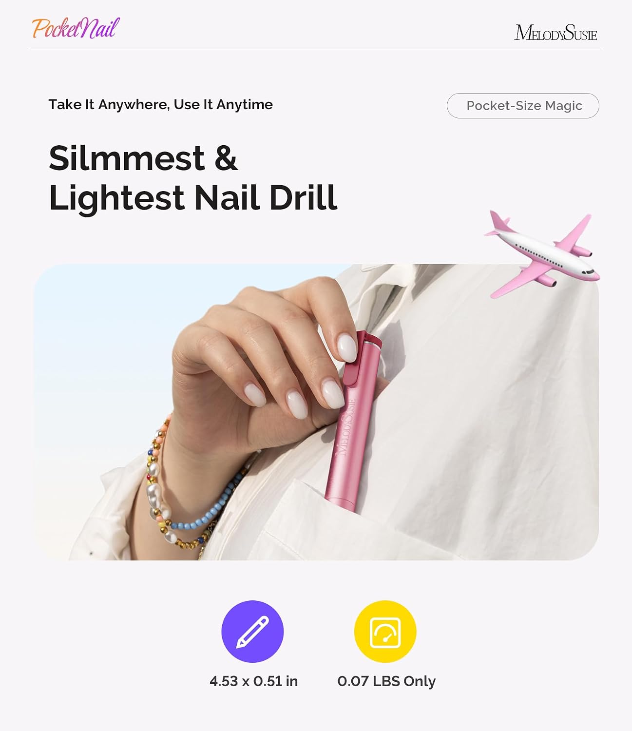 MelodySusie pen-shaped USB nail drill with drill bits on white background - 2