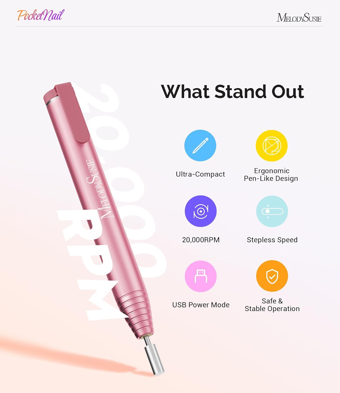 MelodySusie pen-shaped USB nail drill with drill bits on white background - 3