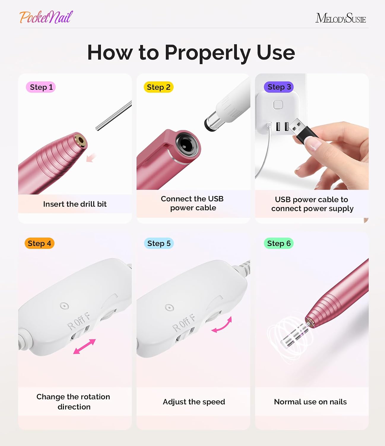 MelodySusie pen-shaped USB nail drill with drill bits on white background - 4