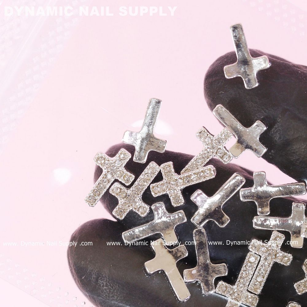 silver cross nail charms rhinestones - 2
