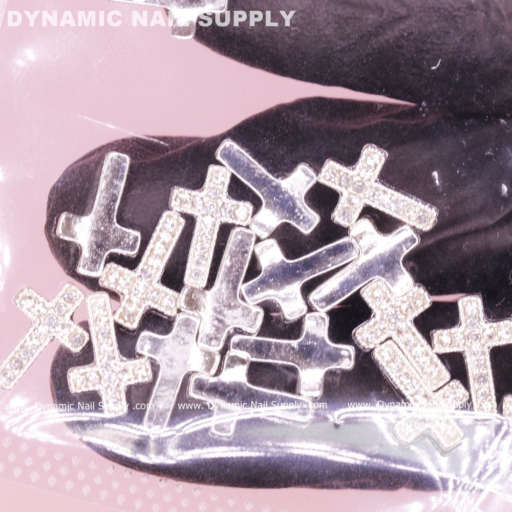 silver cross nail charms rhinestones - 4