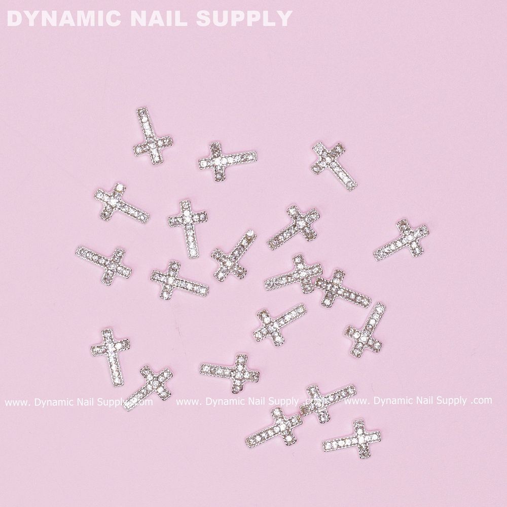 silver cross nail charms rhinestones - 5