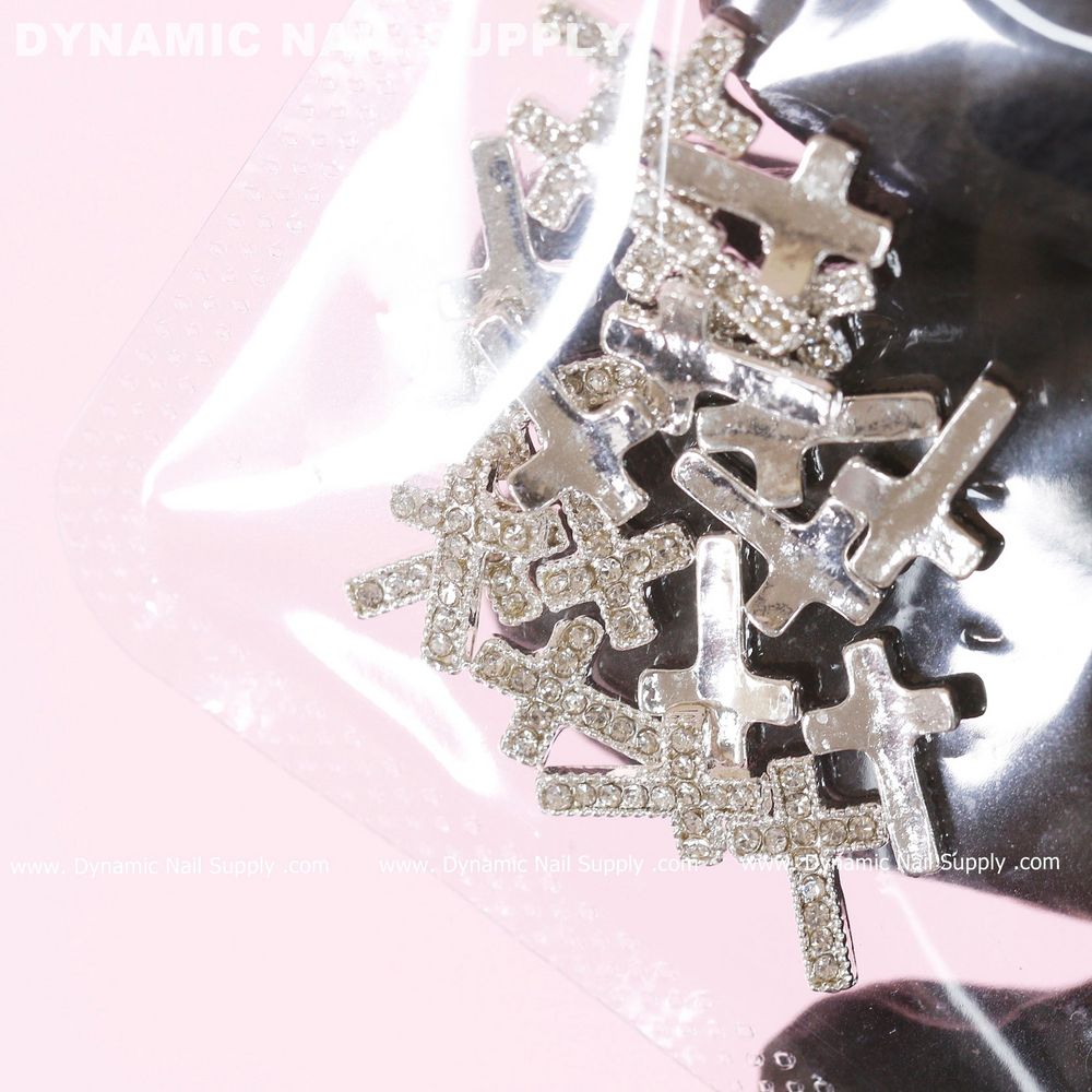 silver cross nail charms rhinestones - 6