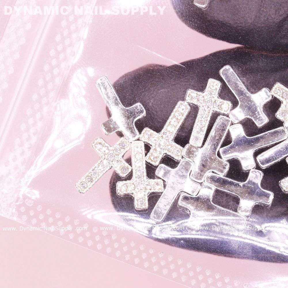 silver cross nail charms rhinestones - 7